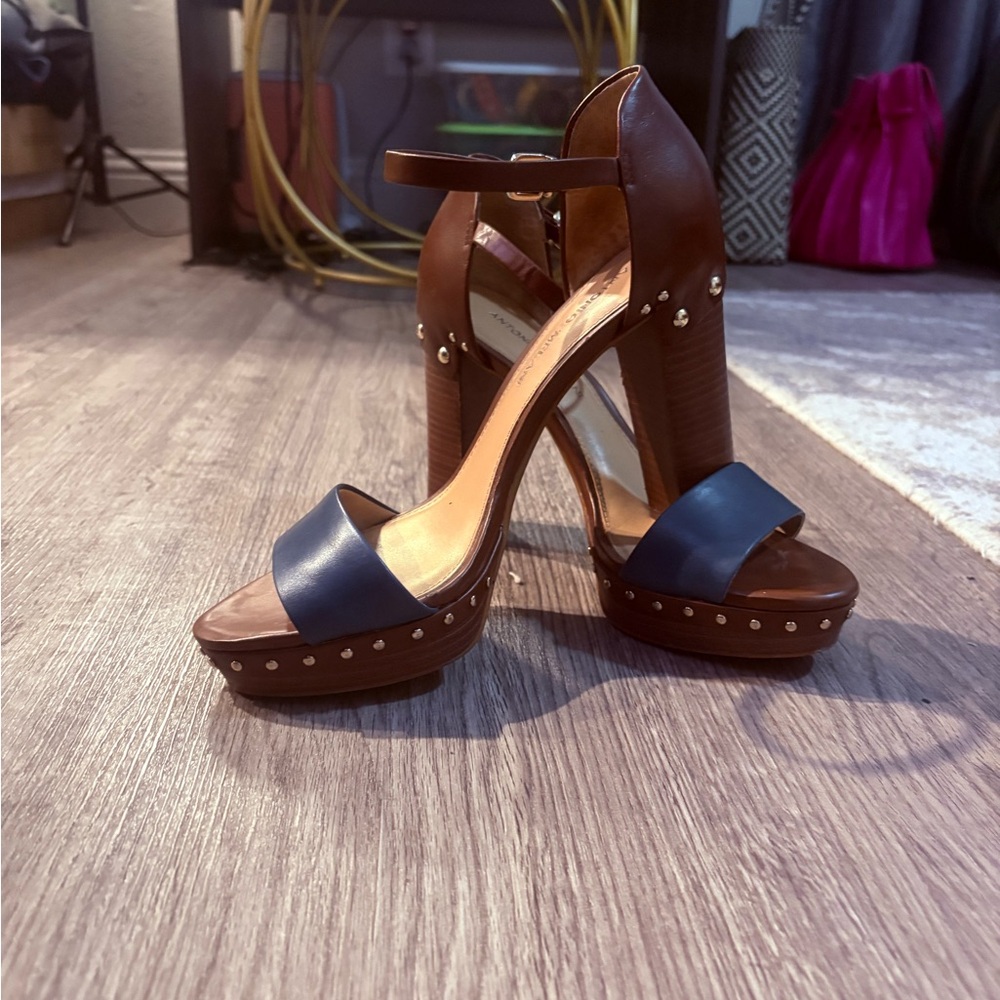 ANTONIO MELANI Brown and Navy Platform Heel Sandals